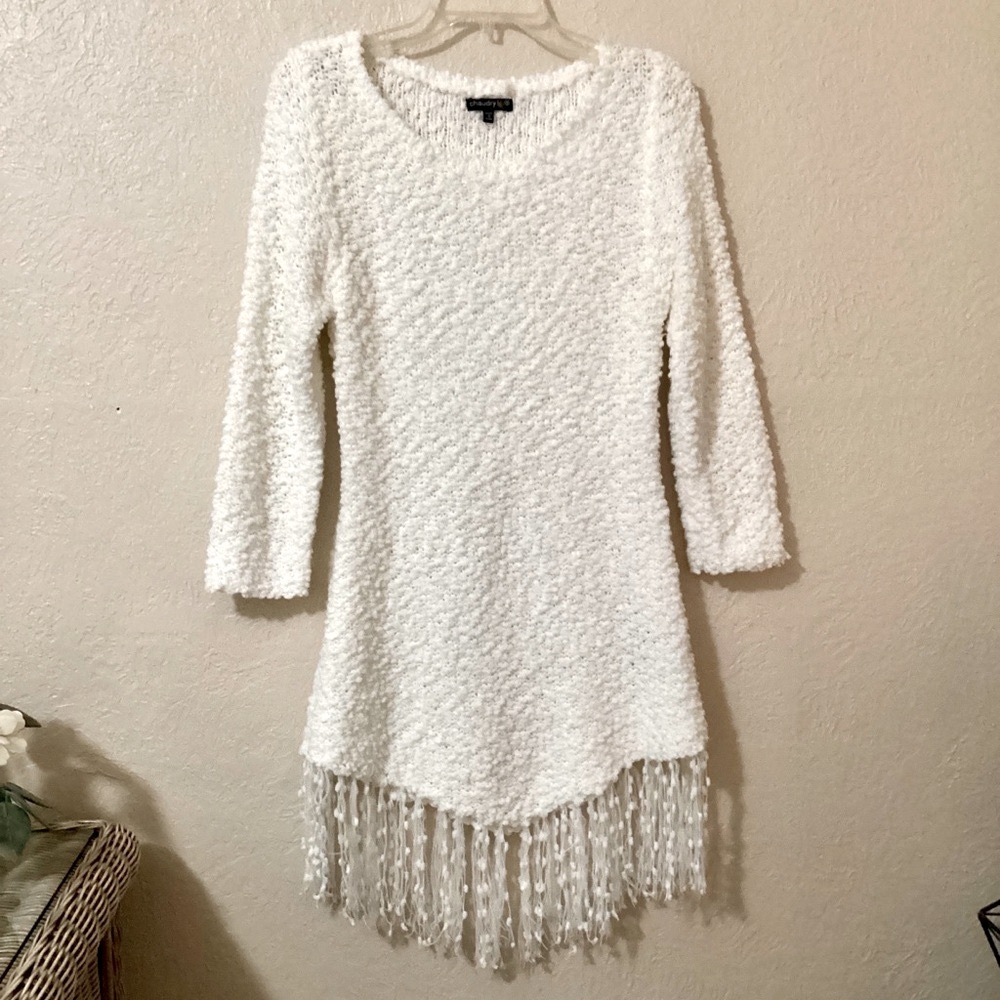 Chaudry KC Pullover Dress 3/4 Sleeve Knotted Fringe Hem Accent Ivory SMALL